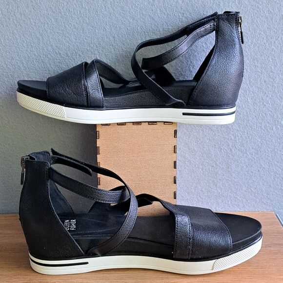 Eileen Fisher Sally Women’s 10 Black Leather Strappy Wedge Sandals Sport Shoes main image 0